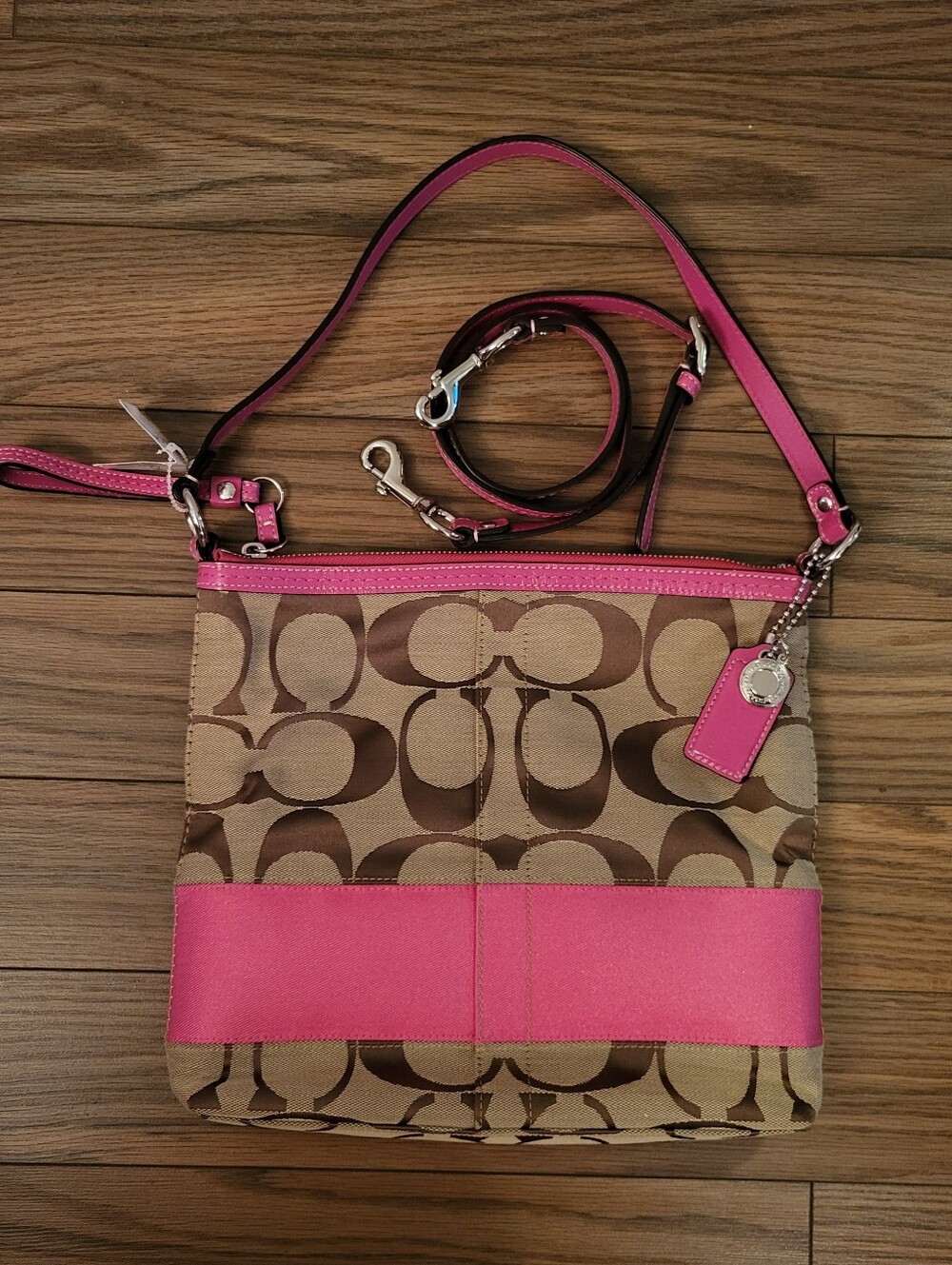 Coach Brown Signature Canvas Shoulder Bag with Pink Trim. NWT